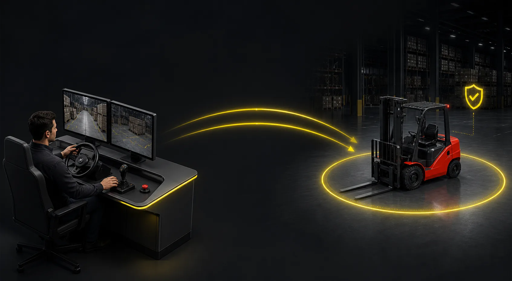 An operator remotely guiding an industrial forklift with a visible safety state